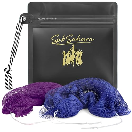SubSahara African Net Sponge Authentic - 2 Pieces Exfoliating Scrubber for All Skin Types, Ideal for Face & Body Daily Use, Durable, Gentle Exfoliation (Blue & Purple)