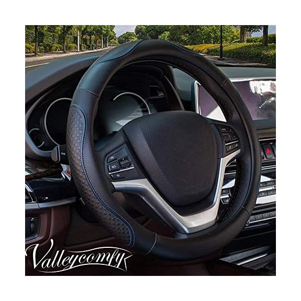 Valleycomfy 14.25 inch Auto Car Blue Steering Wheel Covers- Genuine Leather for Prius Civic