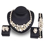 EVERRICH Crystal Bridal Cream Simulated Pearl Gold Plated Statement Necklace Earrings Jewelry Sets for Women Costume,4 Pairs