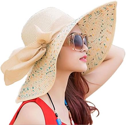 Women Big Bowknot Straw Sun Hat Floppy Foldable Roll up UV 50+ Beach Cap (Color-4)