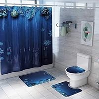 Hankyky Christmas Shower Curtain Set Blue Color Landscape Print Shower Curtain Floor Mat Bathroom Toilet Seat Winter Holiday Bathroom Decoration