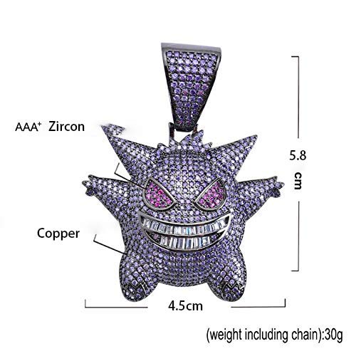 MTCLFTOO Hip Hop Gengar Pendant Jewelry Unisex Iced Out Necklace with Rope Chain+Mala Beads Bracelet Gift for Men Women-(Purple)