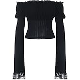 Inpunktoo Women's Goth Fairy Off The Shoulder Top T Shirt - Open Back Puff Long Sleeve Fitted Flare Witch Tee Dance Club