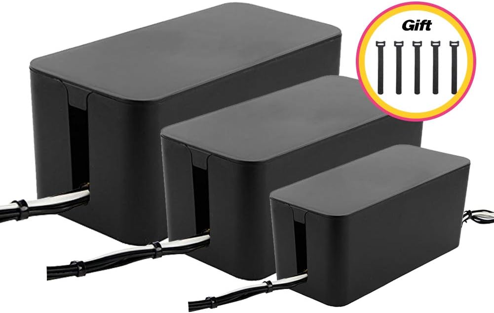 Cable Management Boxes Organizer,Large Storage Holder for Desk, TV, Computer, USB Hub, System to Cover and Hide & Power Strips & Cords [Set of Three] (Black)