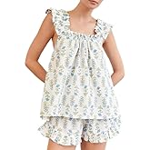 Argeousgor Womens 2 Piece Ruffle Pajama Set Floral Print Cami Top and Shorts Cute Coquette Pjs Soft Flowy Babydoll Loungewear
