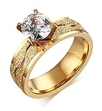 Womens Stainless Steel Cubic Zirconia Solitaire Ring for Engagement Wedding Band Promise,Gold Plated,Size 8