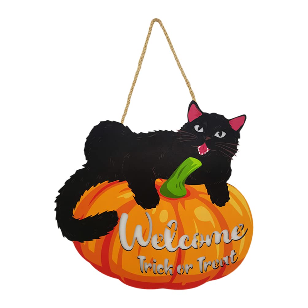 FOMIYES Halloween Wooden Pumpkin Sign Black Cat Trick Treat Door Decor for Halloween Party Supply Home Wall Decor
