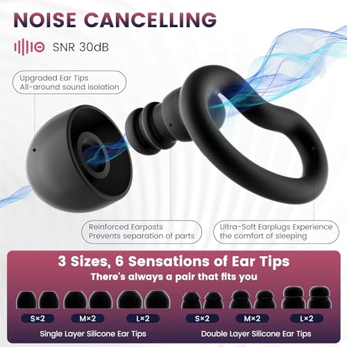 Ear Plugs for Sleeping for Side Sleepers, Soft Silicone Ear Plugs Anti Snoring 6 Sizes S/M/L for Optimal Fit (Single & Double), 2 Pairs Ear Wings, Reusable, Noise Reduction