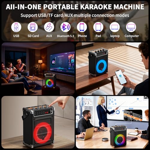 JYX Karaoke Machine with Two Wireless Microphones, Bass/Treble Adjustment and LED Light, TWS Support, AUX Input, FM Radio, REC, Party/Meeting/Wedding Supply - Black