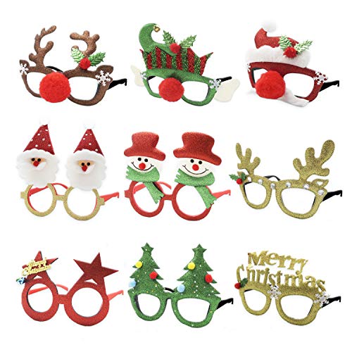 Kiddokids 9 Christmas Party Fancy Glitter Glasses Frames for Xmas Prop Photo Booth Party Favors.