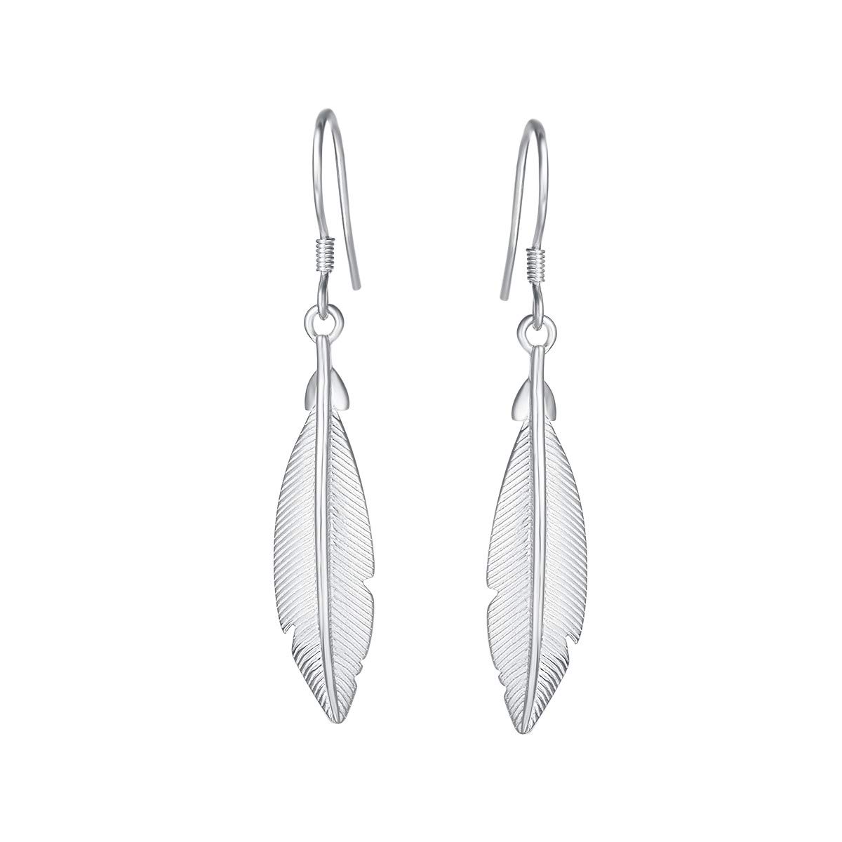 AGVANA White Gold Plated 925 Sterling Silver Feather Dangle Long Drop Earrings Minimalist Design Leaf Earrings Jewelry For Women Girls, Height: 1.45"
