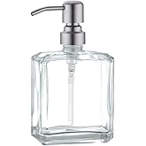 Kmeino Square Clear Glass Dish Soap Dispenser, Antique Design Refillable Hand Soap Dispenser with Rust Proof Stainless Steel Pump, 13.5 oz Lotion Dispenser for Bathroom Vanity, Kitchen Countertop