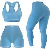 SereneFit 3 Piece Workout Sets For Women Seamless High Waisted Matching Exercise Leggings Shorts and Sports Bra Active Set