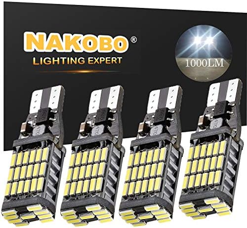 Nakobo 921 912 906 LED Bulb 1000 Lumens 45-EX Chipsets Error Free 902 904 T15 W16W LED Bulbs for Back Up Lights Reverse Lights, Xenon White 6000K 4 Pack