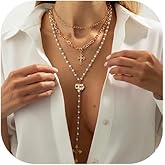 Long Tassel Pearl Clavicle Chain Necklace Summer Beach Cross Pendant Beaded Chest Chain Jewelry Layered Metal Link Chain Necklace for Women