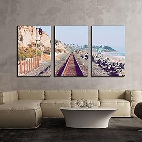 3 Piece Canvas Wall Art - Railway Along Beach in Summer Vacation - Modern Home Art Stretched and Framed Ready to Hang - 16"x24"x3 Panels