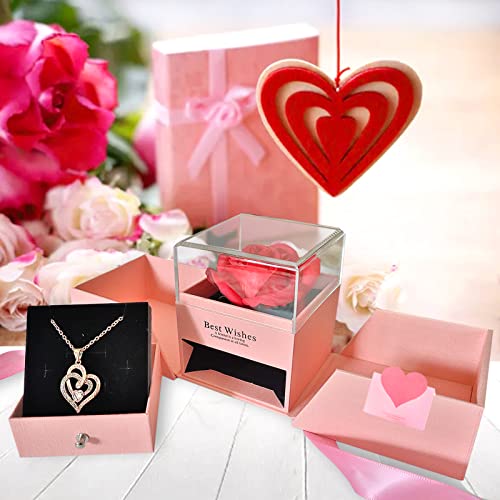 Mom Gifts, Preserved Rose Jewelry Box with Heart Necklace,Gift Box and Cards, Gifts Ideas for Her, Gift Card Eternal Flowers for Mothers Day, Valentines, Birthday, Anniversary
