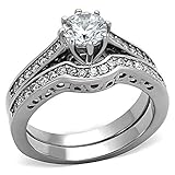 FlameReflection Stainless Steel Women Wedding Ring Set Round CZ Cubic Zirconia Engagement Band Bridal Ladies Jewelry Sets Silver Or Black (Optional Stud Earrings) Size 5 to 10 SPJ