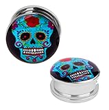 Plugs 0G Stainless Steel Screw Fit Double Flare Sugar Skull Plugs 0 Gauge (8mm) - 2 Pieces