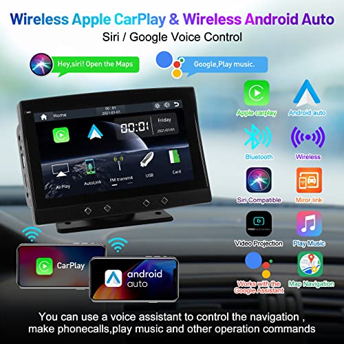 ASTSH Wireless Apple Carplay Android Auto Portable Car Stereo, 7Inch