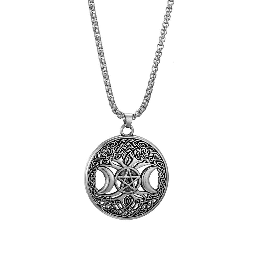 Triple Moon Goddess Pendant Tree of Life Necklace Pentacle Pentagram Wiccan, Metal, unknow
