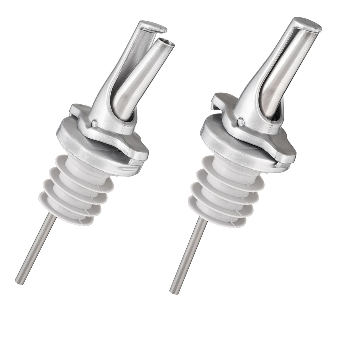 Poura 3-in-1 Liquor Pour Spout with BPA-Free Natural Rubber and Built-in Fruit Fly Protection – Hygienic Dishwasher Safe Alcohol Speed Spouts – Also for Olive Oil, Juice, Syrup – Silver 2 Pack