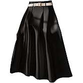 GORGLITTER Women's Pleated Maxi Long Skirts Trendy Business Casual Work High Waisted Summer FlowyA Line Skirt with Belt