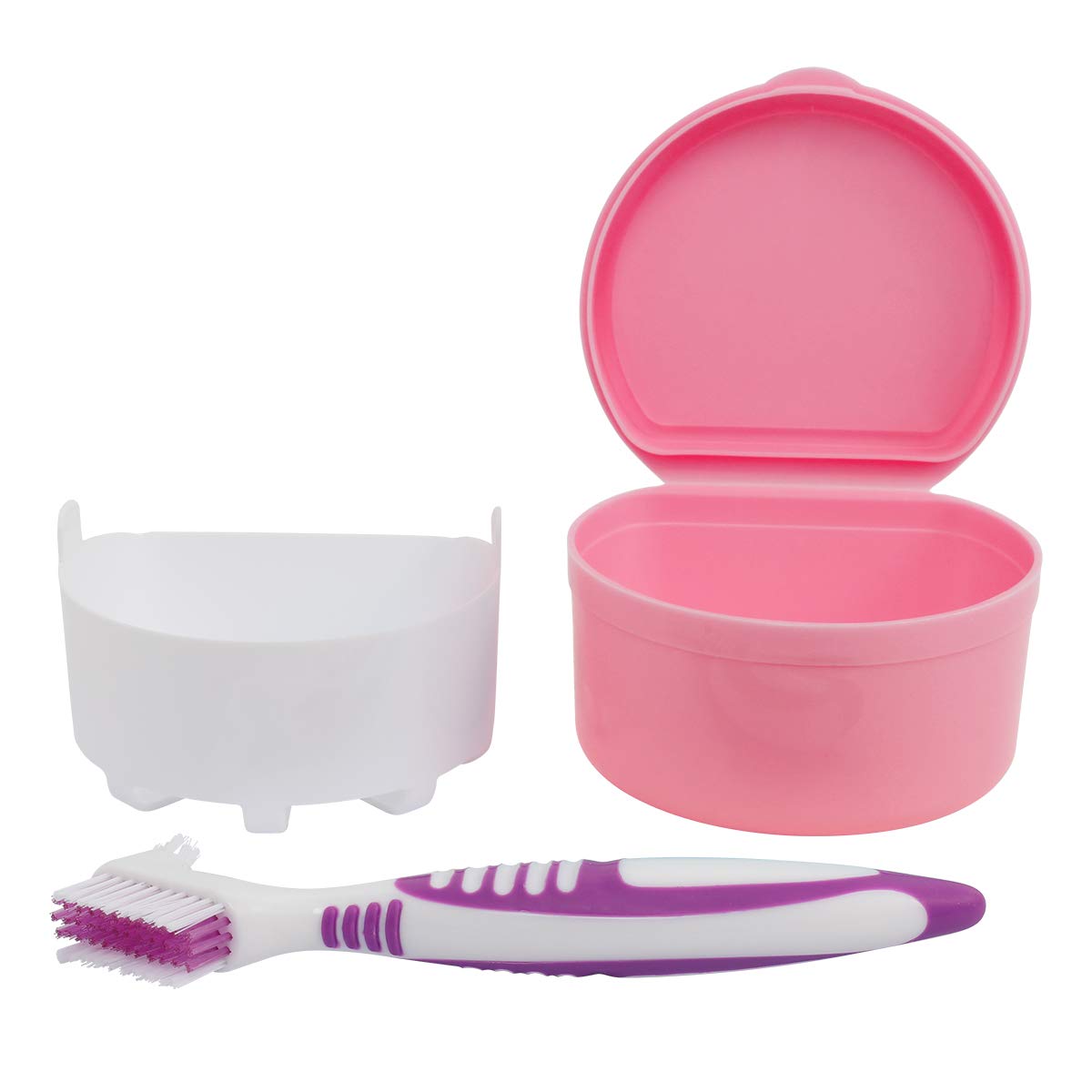 LVCHEN Denture Case Retainer False Teeth Container Box Brush Set Cup Storage with Strainer for Travel Cleaning or Overnight Soaking (Pink): Health & Personal Care