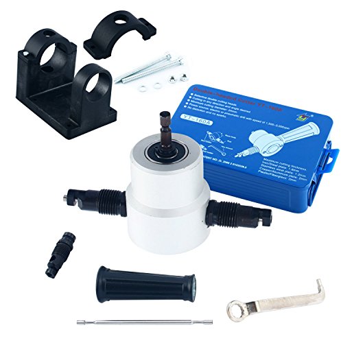 YaeTek Double Nibbler Metal Sheet Cutter Drill Attachment with Wrench and Parts Workshop Tool Holder,Nibbler Tool Cutter for Electric Power Air Drill,Tackle Car Repair Metal Sheet With Plastic Rack