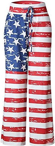 American USA Flag Womens Patriotic Wide Leg Pants Ladies Drawstring Trousers