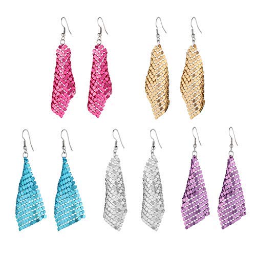 Manfnee Geometric Earrings Metal Mesh Sequins Fringed Long Drop Dangle Earrings Set for Women