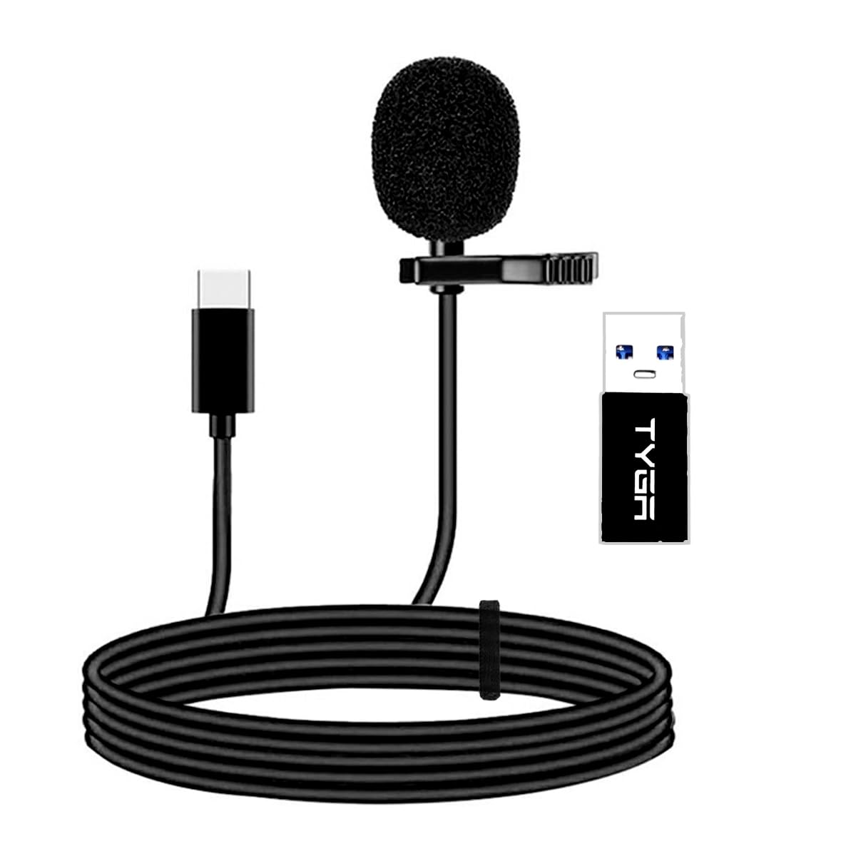 TYGA STORE USB Type C Lavalier Lapel Microphone with Noise Reduction for Smartphone, 1.5m USB C Professional Omnidirectional Clip Mic for YouTube/Interview/Recording With USB A Adapter for PC, Laptop