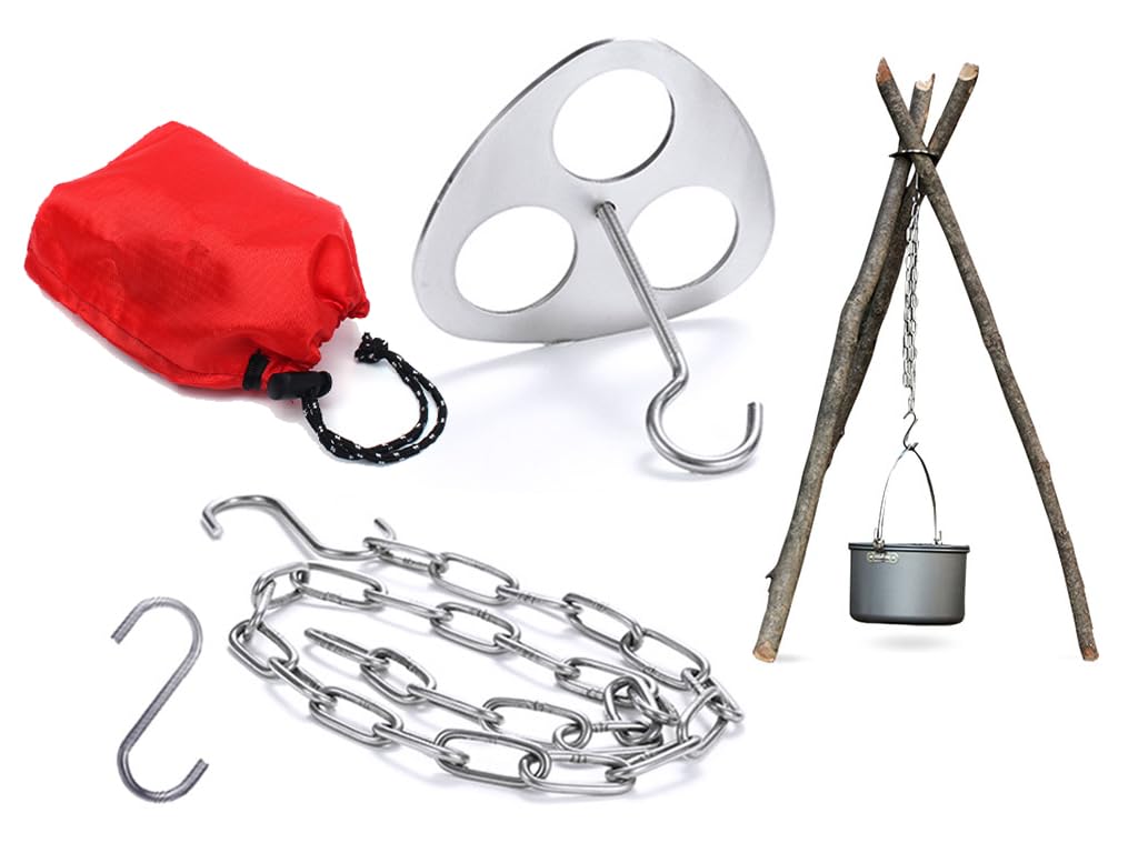 Kellegour Stainless Steel Portable Fire Bowl Tripod for Charcoal, Includes Tripod Ring with Chain and Hook for Hanging Cooking Utensils