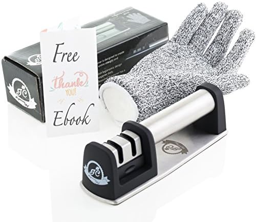 Manual Knife Sharpener by Ingenious Chef | Two Stage Sharpening Kitchen Tool + Cut Resistant Glove + eBook with Tips for Cooking like a Chef
