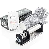 Professional Kitchen Knife Sharpener by Ingenious Chef Two Stage Manual Sharpening Kitchen Tool For Restore and Polish + Cut Resistant Glove + eBook with Tips for Cooking like a Chef
