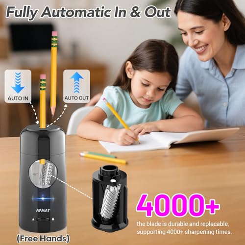 AFMAT Electric Pencil Sharpener, Rechargeable Fully Automatic Pencil Sharpener for Jumbo & Colored Pencils (7-11.5mm), Auto in/Out, Hands-Free, Portable for Home/Classroom/Office PSX6 (Black)