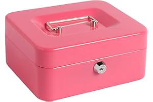 KENTOKO Cash Box with Money Tray, Lock Safe Metal Money Box with Key, Storage Box Money Saving Organizer for Kids, Pink, 7.87" x 6.3" x 3.54"