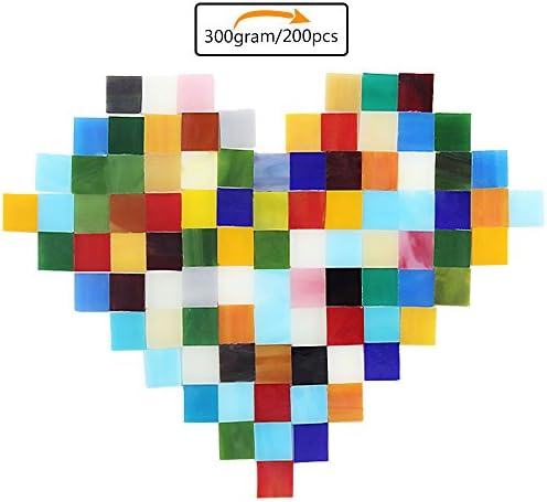 Purture 300 Gram/200 Pieces Mosaic Tiles Assorted Colors Glass Mosaic Tiles Bright Stained Glass for Decoration Crafts (15MM Square Shape )