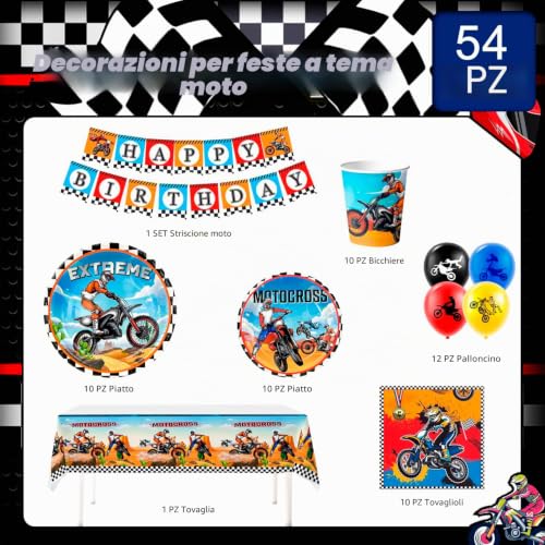 Motorcycle Birthday Decorations, 10 Guests Decoration Kit with Motorcycle Theme Including Plates and Glasses Motocross Napkins Tablecloth Banner etc Birthday Accessories for Motorcycles
