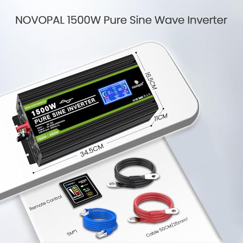 Novopal 1500W Pure Sine Wave Inverter DC 12 V in AC 220 V with Intelligent LCD Display, 5 m Remote Control and Two Cooling Fans, Suitable for Family, Camping, Traveling