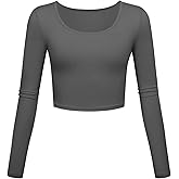 Long Sleeve Crop Tops for Women Workout Basic Clothes for Teen Ladies Fitted Slim Scoop Neck Cute Yoga Shirts (Grey, Medium)