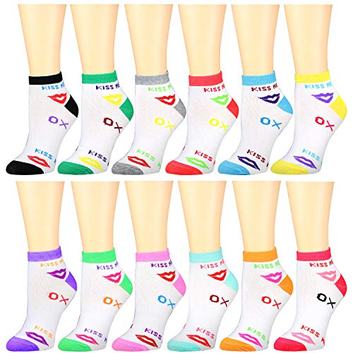 12-Pack Women's Ankle Socks Assorted Colors Size 9-11 (Kiss Me)