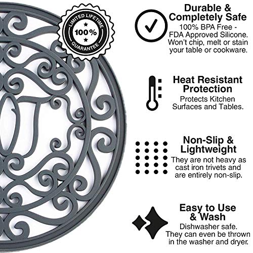 Silicone Trivet Set For Hot Dishes, Pots & Pans. These Modern Kitchen Hot Pads"Hot" Ironworks Design Provides a Rustic Charm that Mimics Cast Iron Trivets (7.5" Round, Set of 3, Dark Gray)