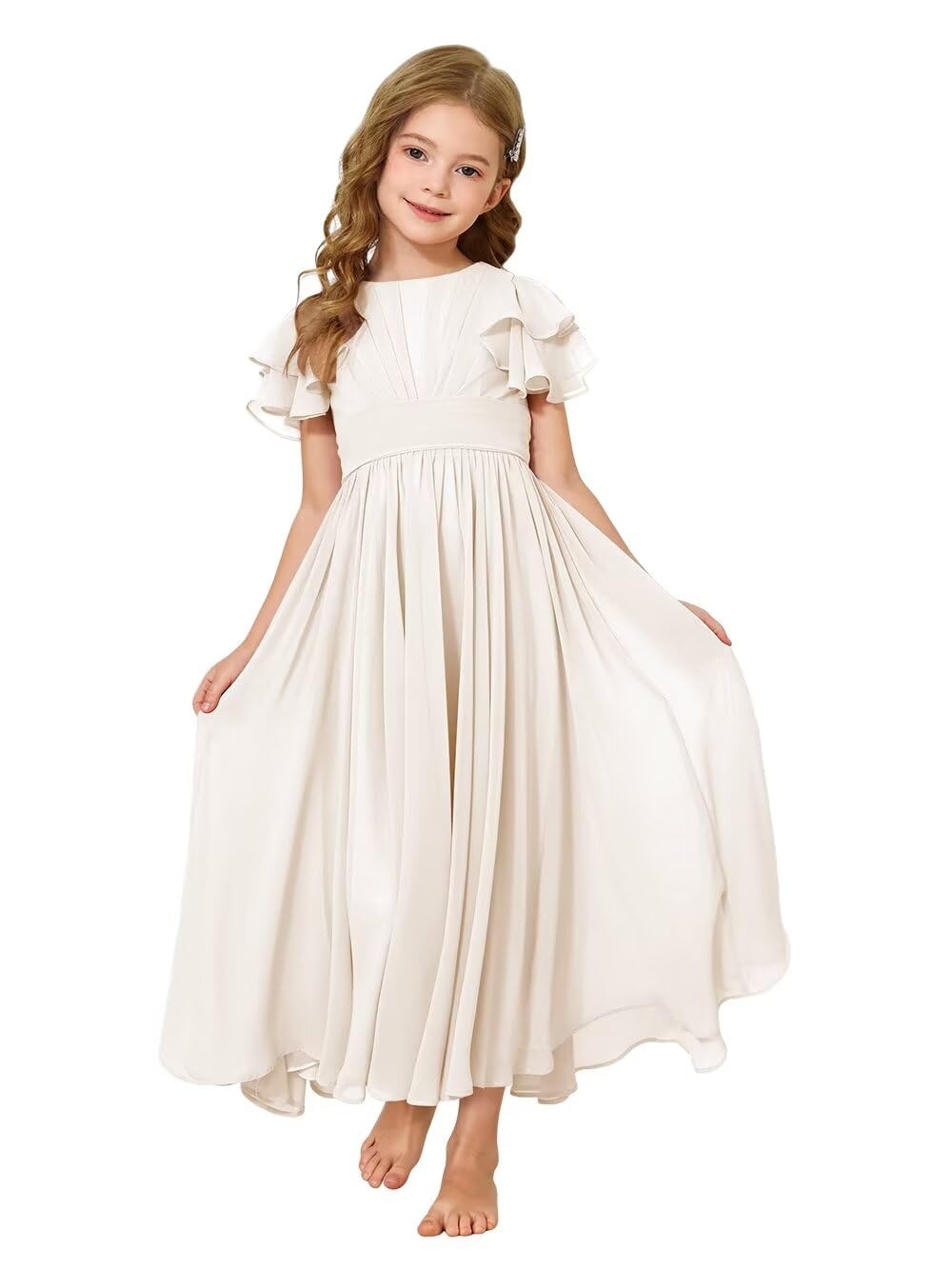 Photo 1 of JISISANG Boho Flower Girl Maxi Dress for Teens Wedding Bridesmaids Flowy Chiffon Girls Casual Dress Ruffle Sleeve Formal Pageant Gown Ivory 08