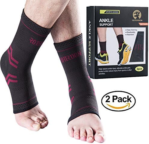 ROTERDON Ankle Brace Compression Support Sleeve for Injury Recovery, Joint Pain and More. Plantar Fasciitis Foot Socks with Arch Support, Eases Swelling, Heel Spurs, Achilles Tendon (Red, Medium)