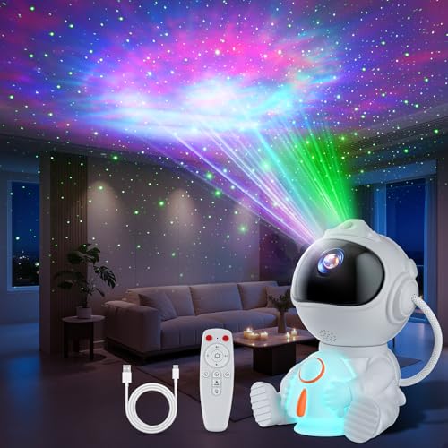 Astronaute Projecteur, LED Projecteur Ciel Etoile avec 8 Modes Nébuleuses & 5 Modes de Luminosité et de Vitesse, 2 Étoiles, Projecteur Galaxie Veilleuse Fusée pour Adultes et Enfants