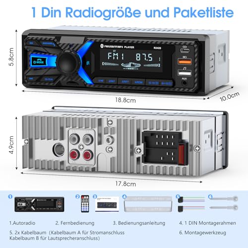 RDS Bluetooth Car Radio with Type-C Charging Port, Wistrue FM/AM Car Radio Supports 2 USB Ports / AUX/SD/TF/EQ, 1 DIN Radio with Bluetooth/MP3 Player Hands-Free