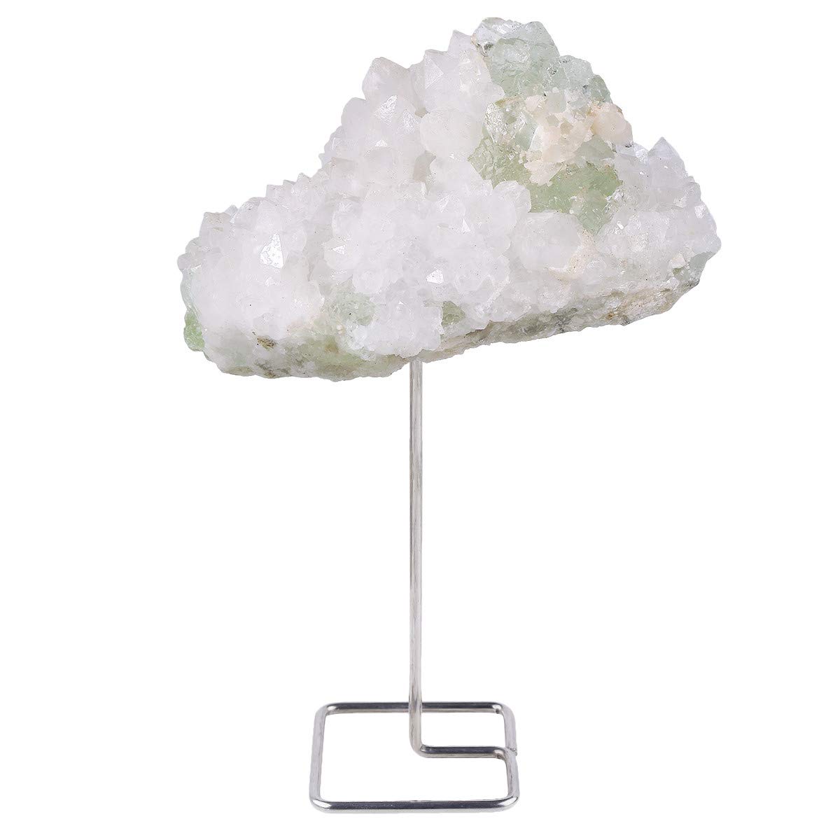 mookaitedecor Natural Raw Green Fluorite with Stainless Stand, Geode Crystal Cluster Stone for Healing Reiki and Home Decor