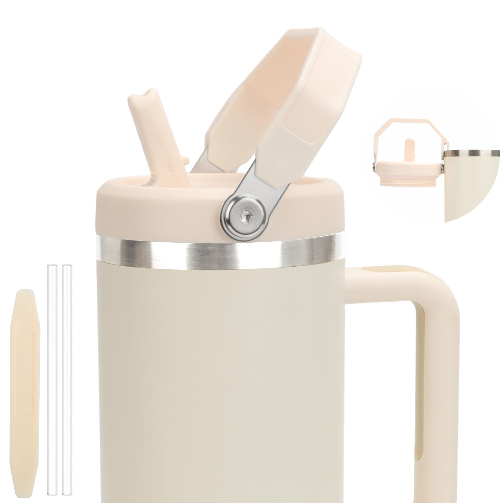 Photo 1 of 40oz Lid for Stanley Cup, Flip Straw Leak Proof Lids Replacement with Handle for 40oz Stanley Quencher and ProTour, No Spill Lids Reusable Removable Replacement Accessories for StanleyCup, (Lvory*1)