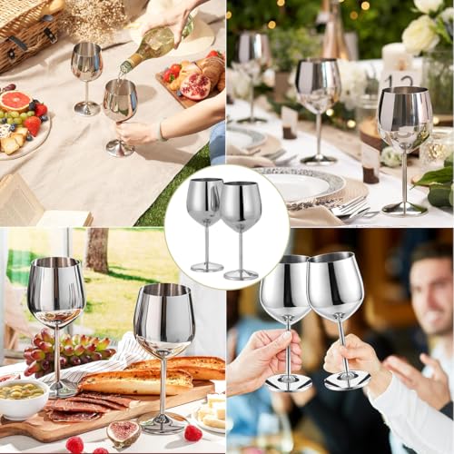 Copas de Vino Acero Inoxidable con Tallo 500ml 2 Pieza, Taza Cobre de Vino Tinto Cóctel Inastillable Fácil de Limpiar, Copas Irrompible para Aniversarios Navidad Fiesta Piscina Boda, Alto 21cm (Plata)